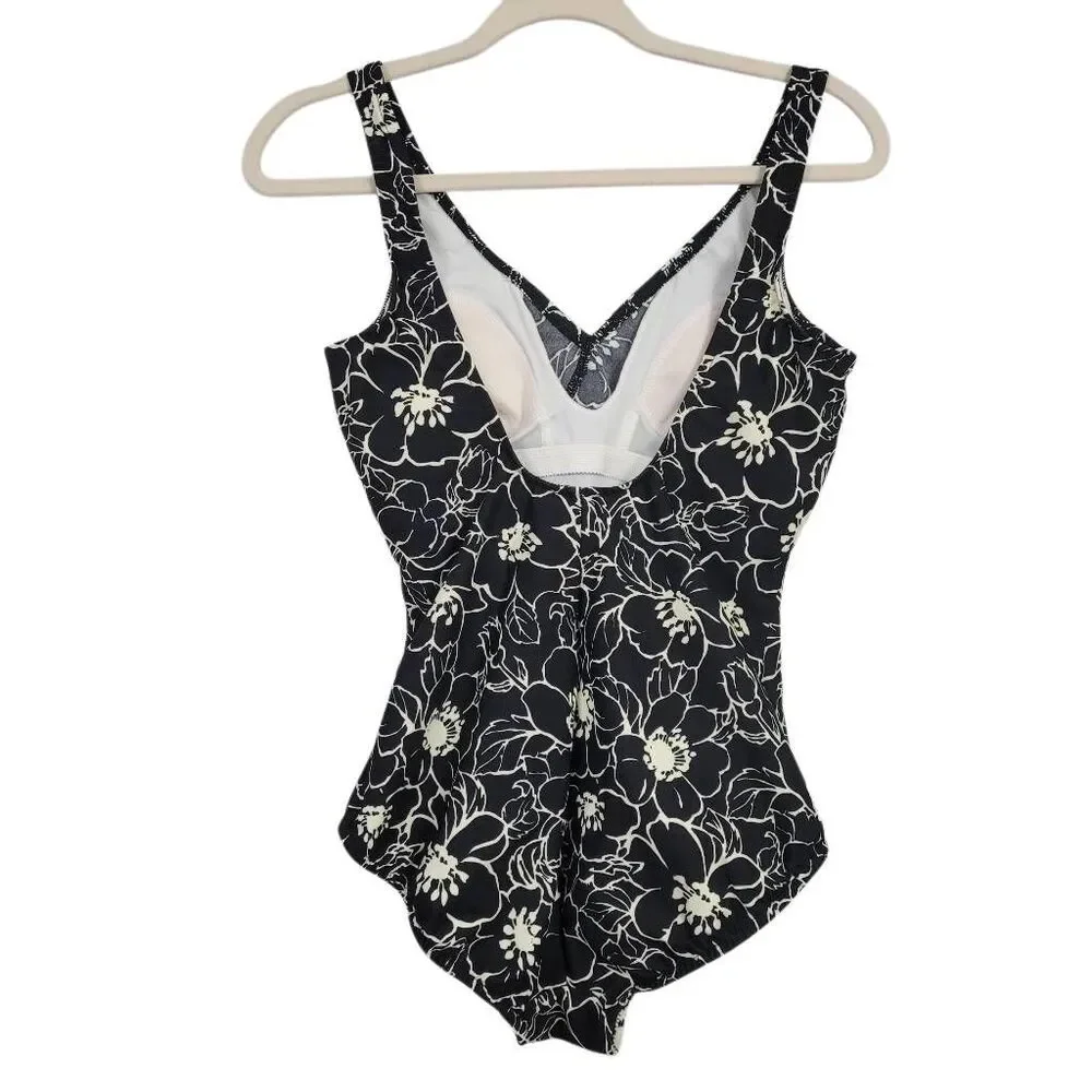 Miraclesuit Black Floral One Piece Swimsuit Sz 10 Padded Wirefree Slimming V-Nec